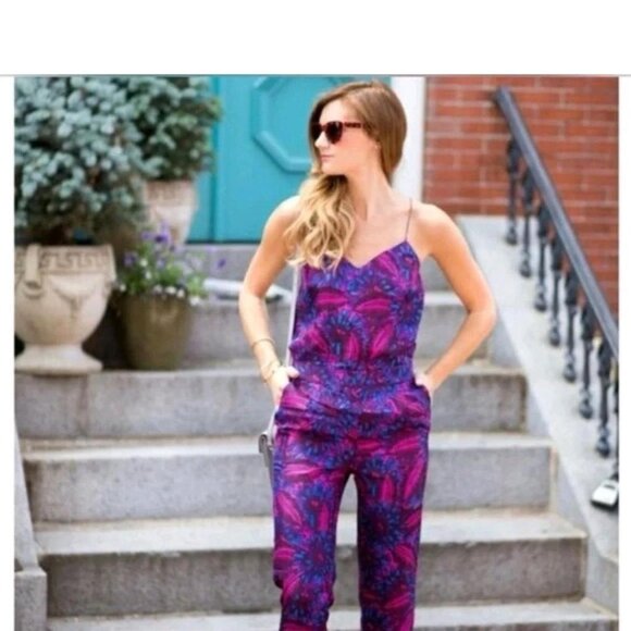 J. Crew 100% Silk Midnight Floral Jumpsuit Size 0 Strappy One Piece Purple Pink - Picture 8 of 8
